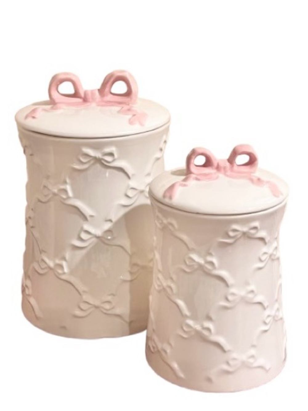 🆕- White Ceramic Decorative Canister Set with Pink Ribbon Accents - Picture 2 of 10